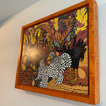 Load image into Gallery viewer, Evolution of chickens woodcut framed in orange curly maple
