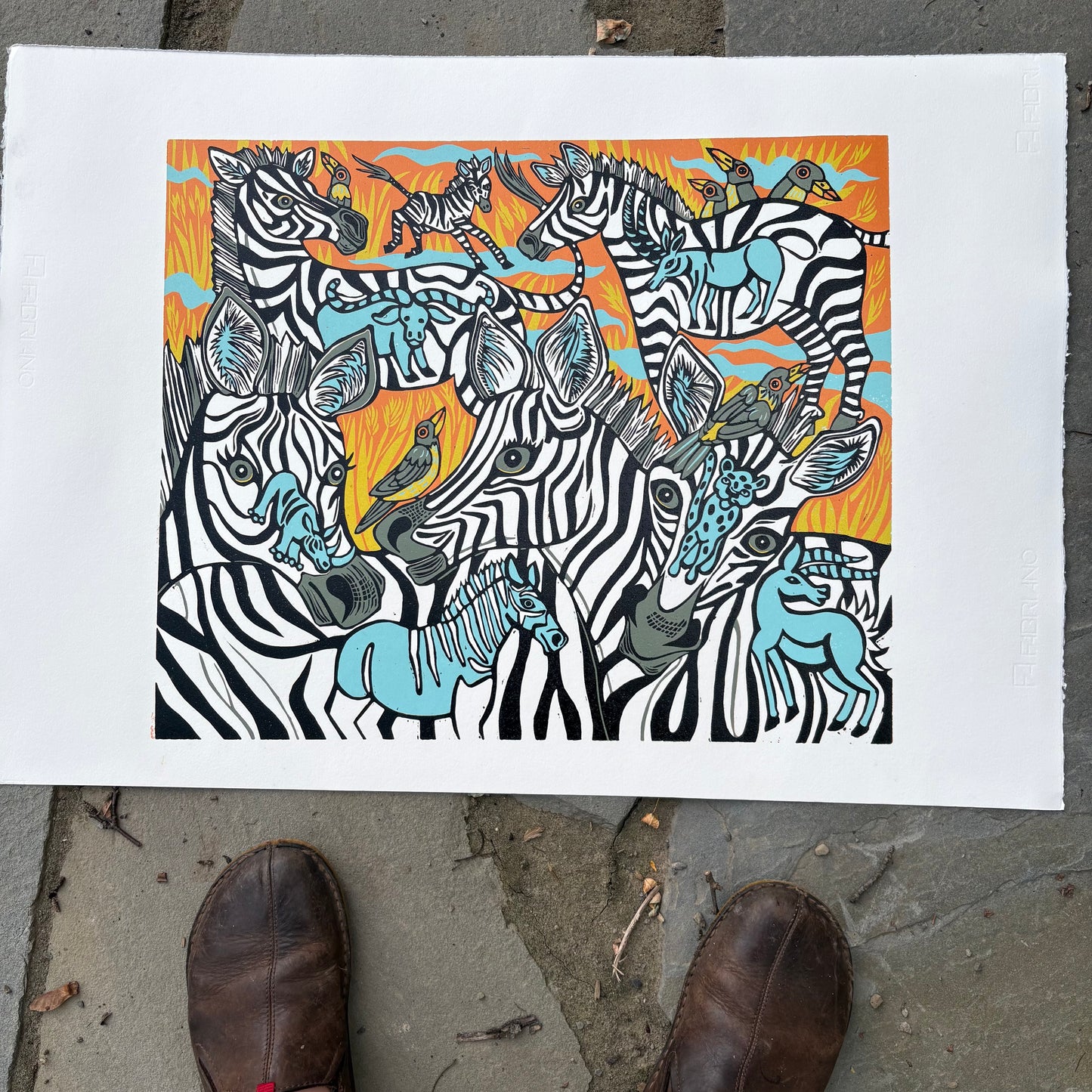 Zebra and extinct megafauna original Woodcut