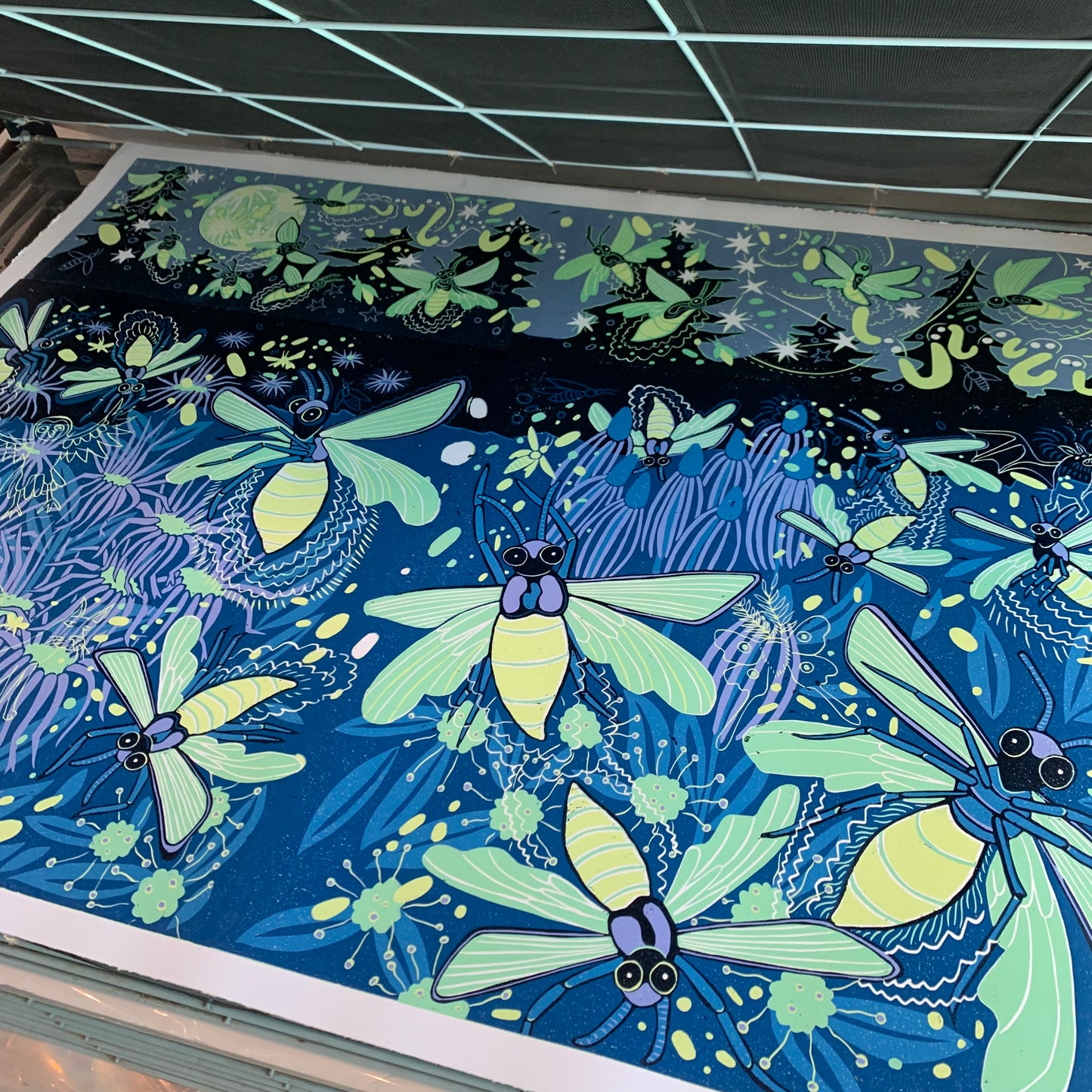 Large firefly and glowing plant nighttime scene