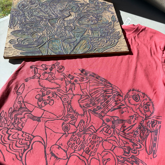 Vintage red color handprinted mushroom owl and flying squirrel shirt, December Pre-order