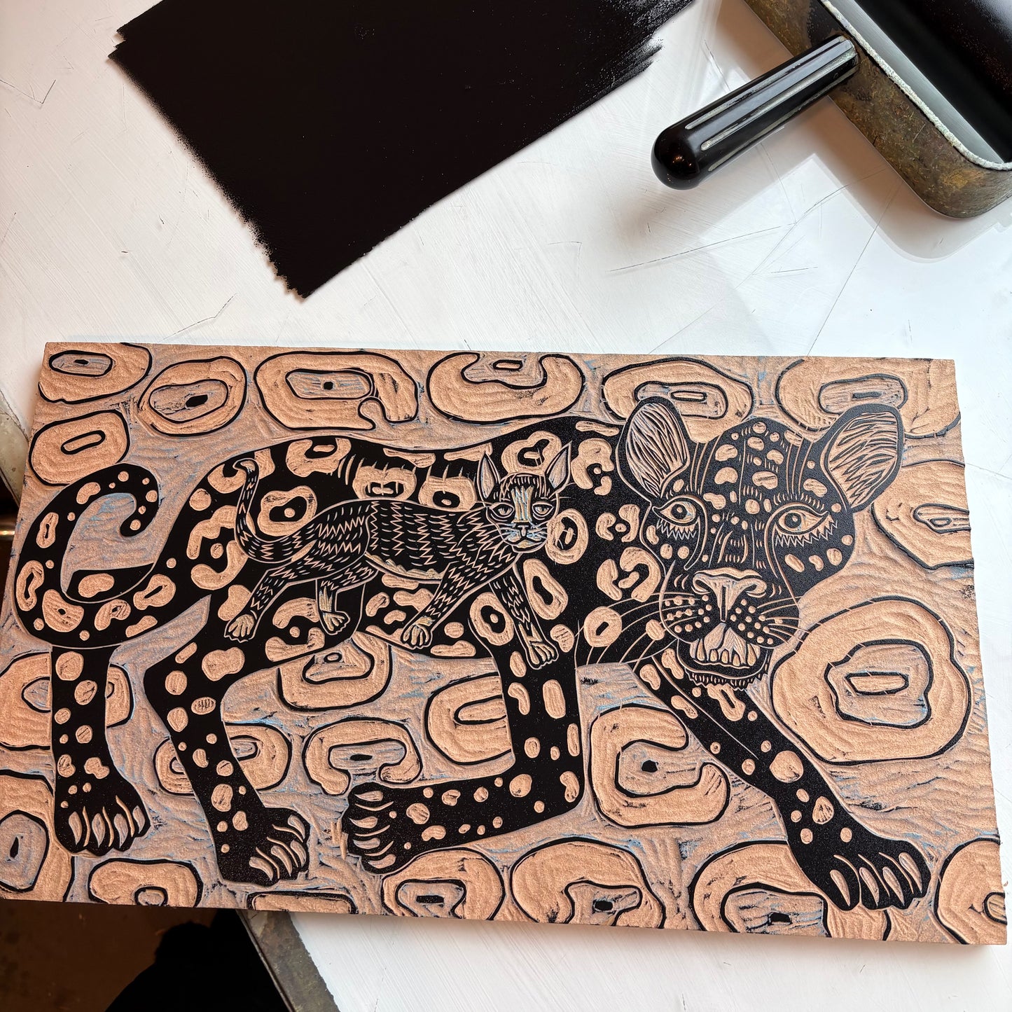 Panther and tuxedo cat original woodcut