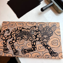 Load image into Gallery viewer, Panther and tuxedo cat original woodcut
