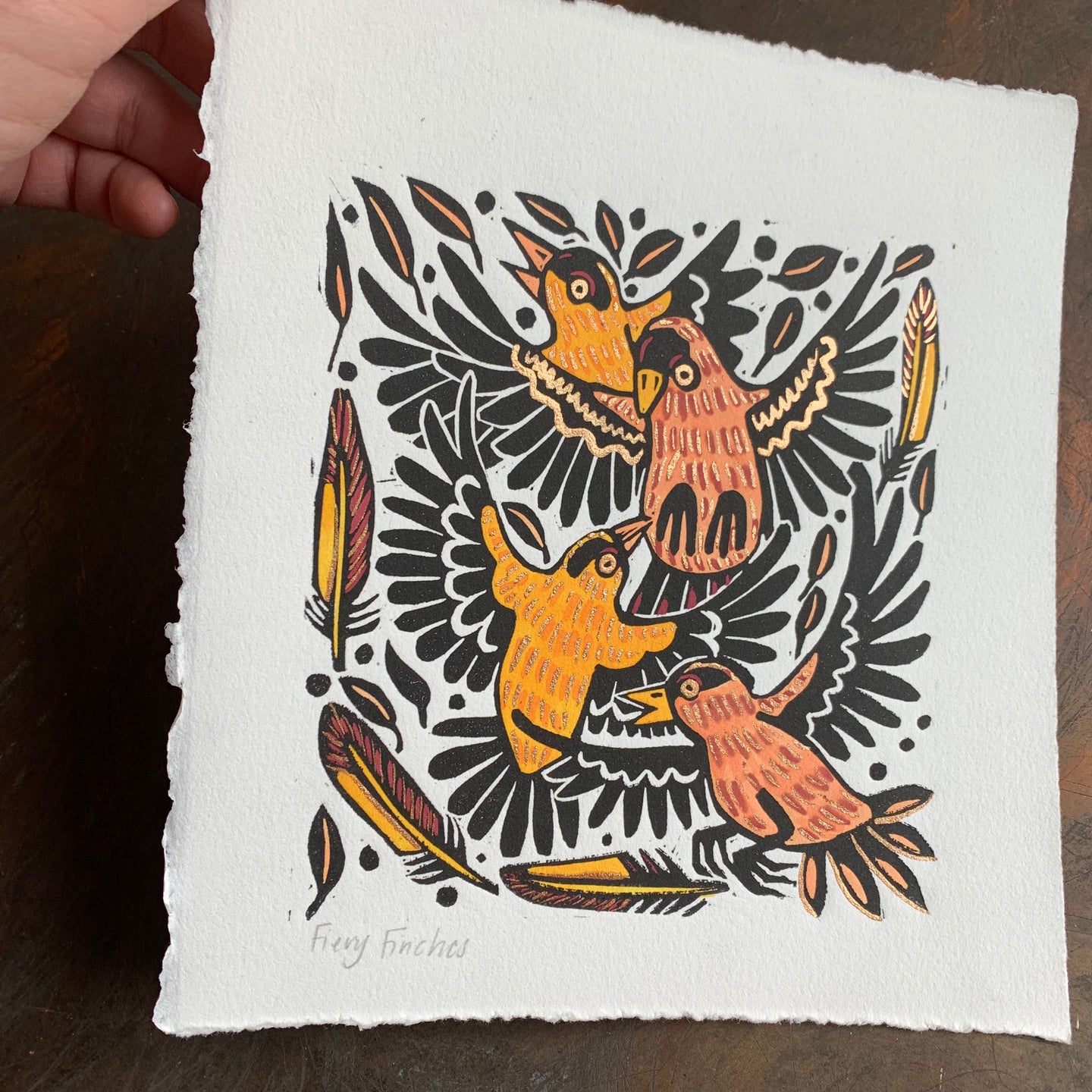 Colorful goldfinch linocut