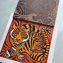 Load image into Gallery viewer, Tiger and housecat original woodcut small
