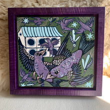 Load image into Gallery viewer, Purple Martin woodcut framed in a purple frame
