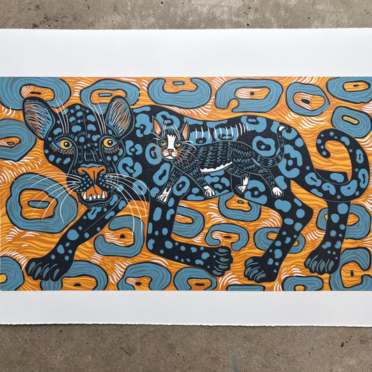 Panther and tuxedo cat original woodcut