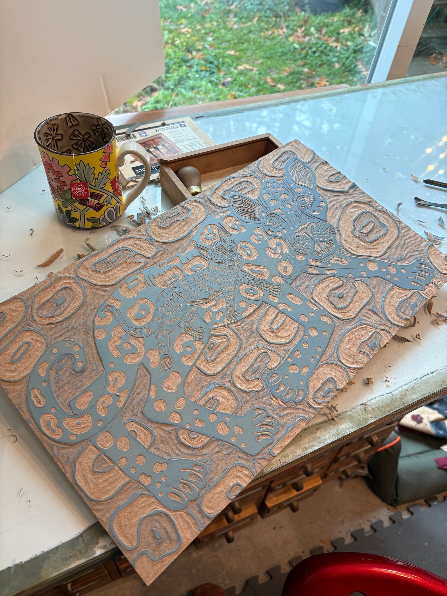 Panther and tuxedo cat original woodcut