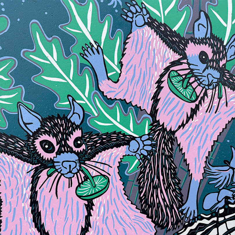 Opossum, flying squirrel orchid and swallowtail under UV light Woodcut