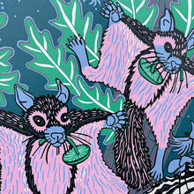 Load image into Gallery viewer, Opossum, flying squirrel orchid and swallowtail under UV light Woodcut
