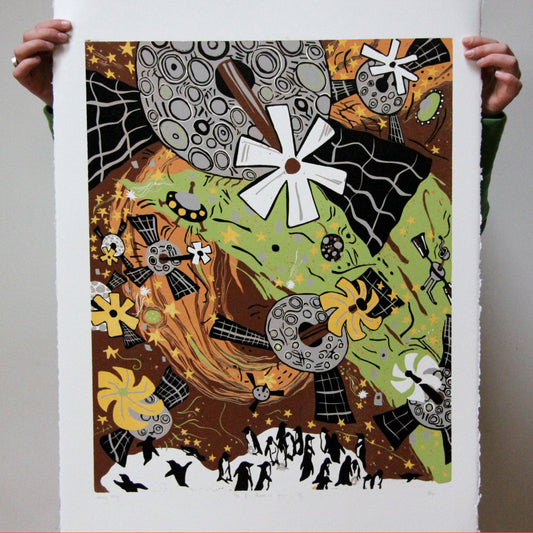 Mirrors in Space Woodcut