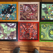 Load image into Gallery viewer, Chicken woodcut framed in black solid tiger maple wood
