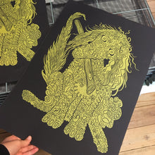 Load image into Gallery viewer, Gold and Black Poodle woodcut
