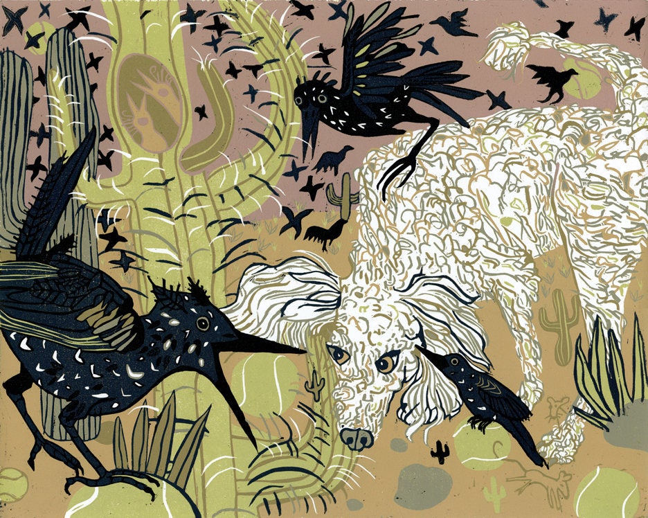 Starling and Saguaro Woodcut