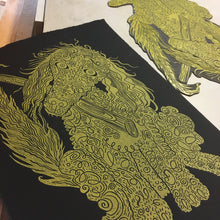 Load image into Gallery viewer, Gold and Black Poodle woodcut
