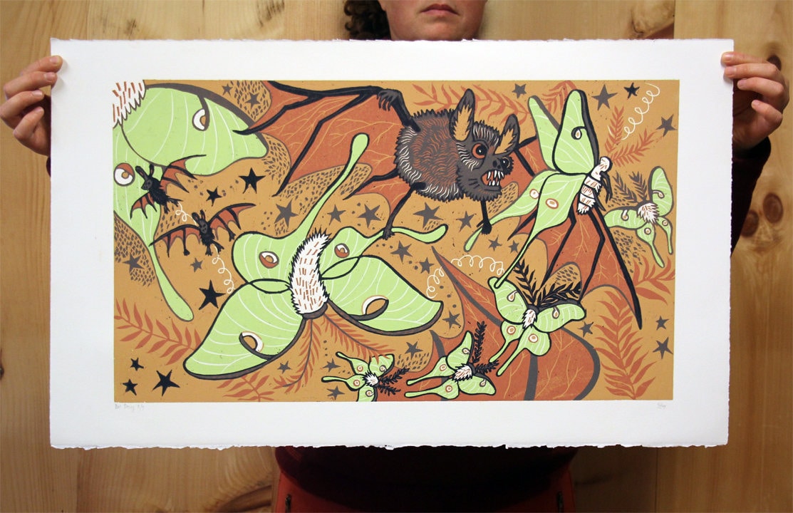 Luna Moth and Bat Woodcut