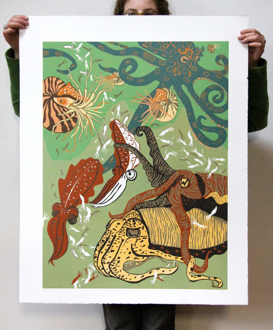 Cuttlefish, Squid and Nautilus Woodcut