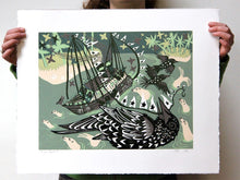 Load image into Gallery viewer, Starling and Ship Woodcut
