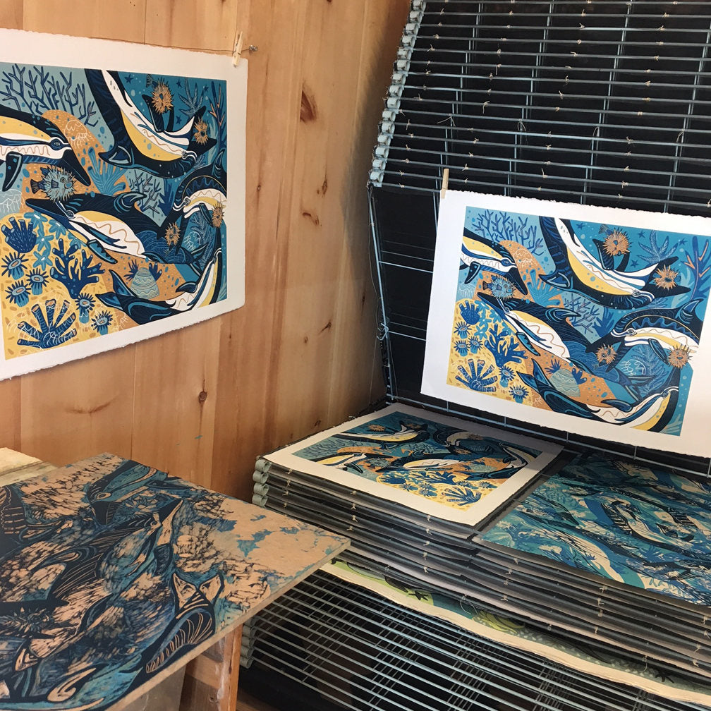 Dolphin and Pufferfish Woodcut