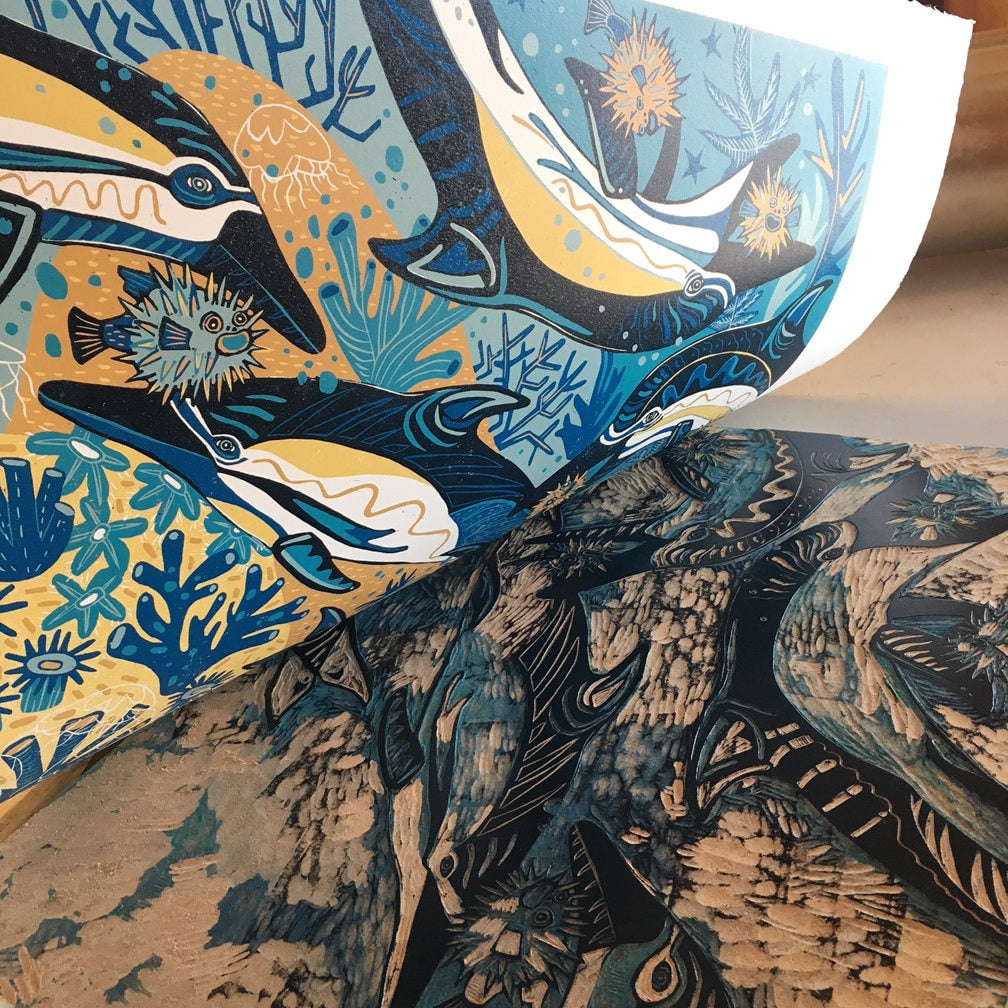 Dolphin and Pufferfish Woodcut