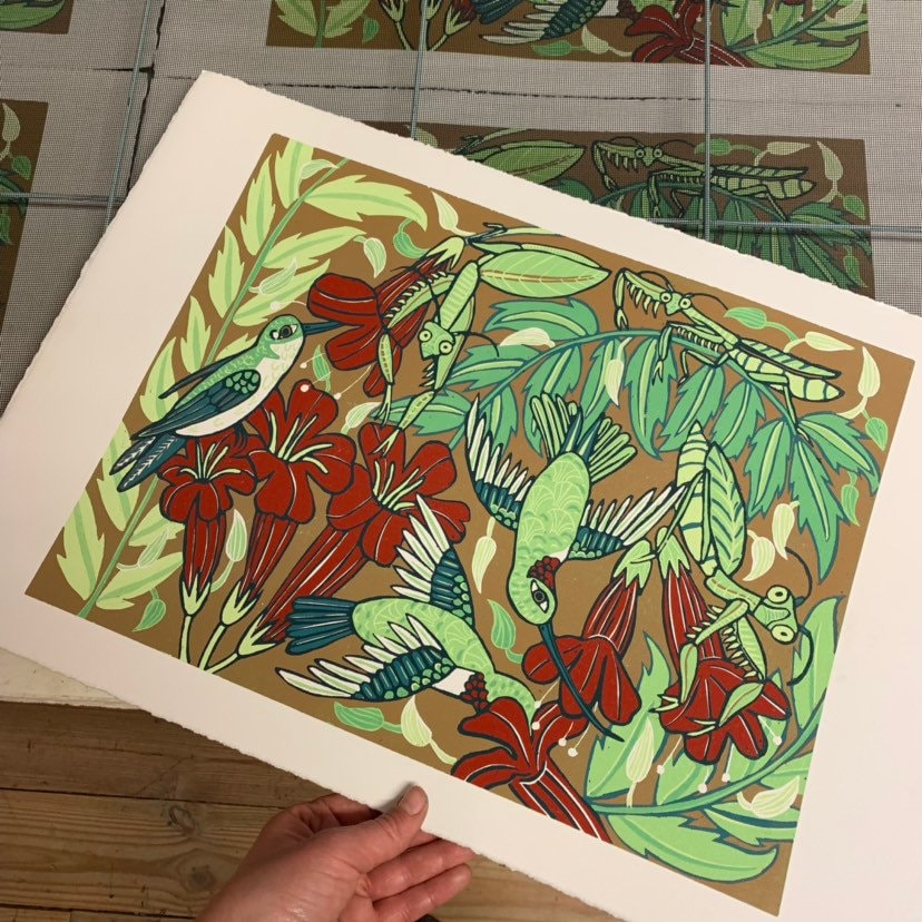 LAST ONE Praying Mantis and hummingbird  Woodcut