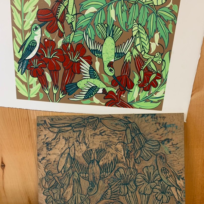 LAST ONE Praying Mantis and hummingbird  Woodcut
