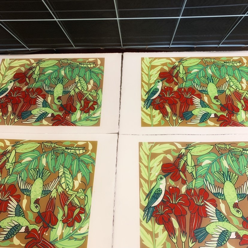 LAST ONE Praying Mantis and hummingbird  Woodcut