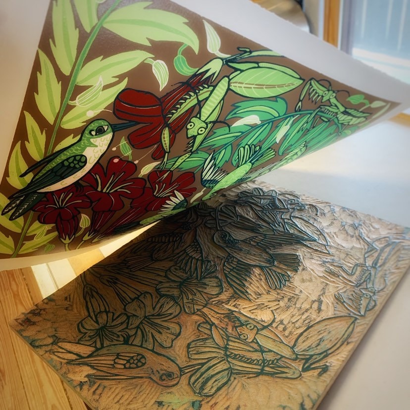 LAST ONE Praying Mantis and hummingbird  Woodcut