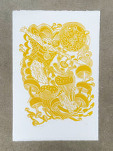 Load image into Gallery viewer, Flying Squirrel and Mushroom woodcut
