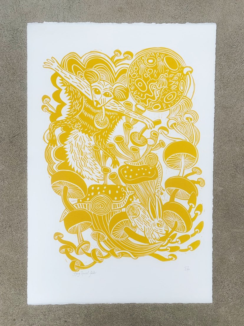 Flying Squirrel and Mushroom woodcut