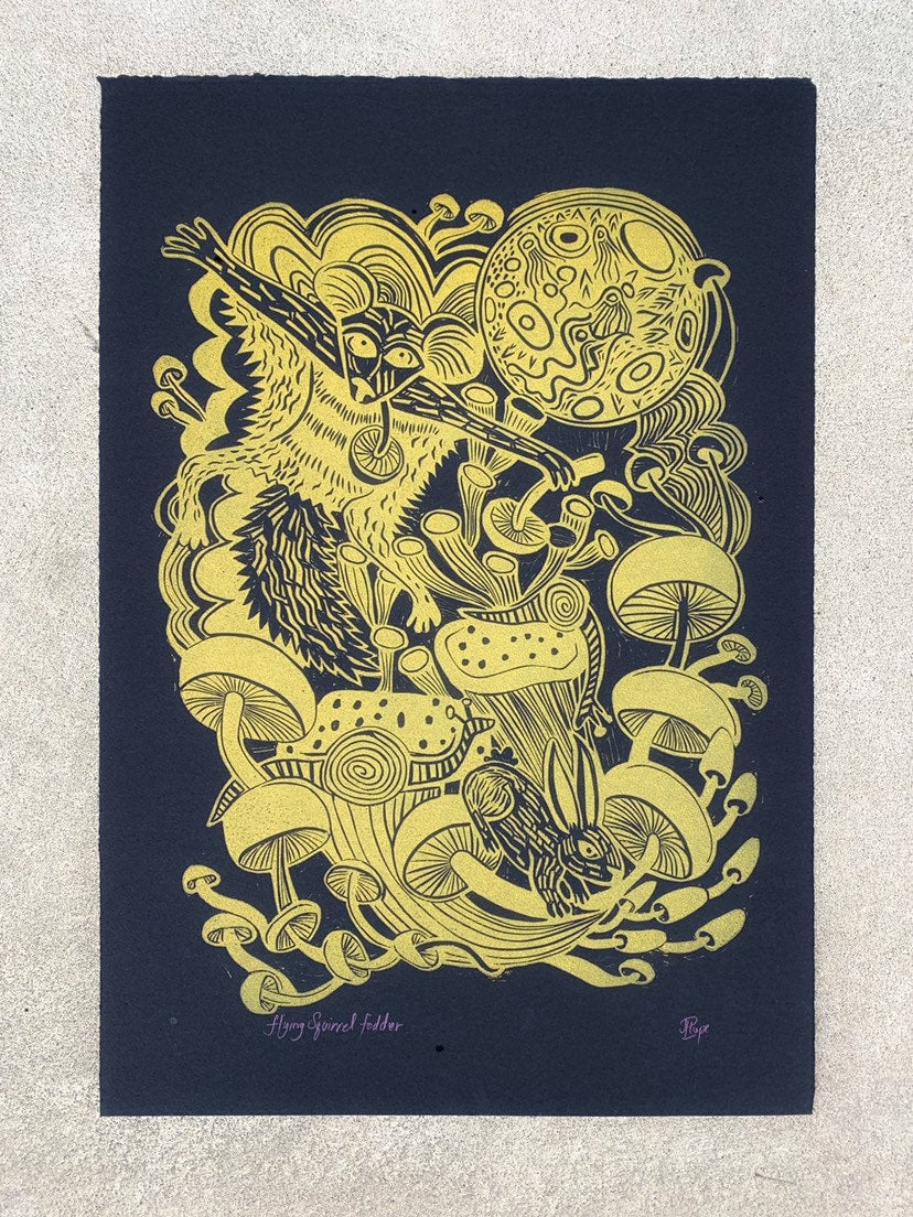 Flying Squirrel with Gold Woodcut