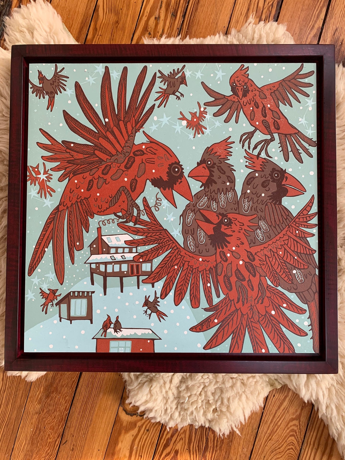 Cardinal Woodcut Framed in Red