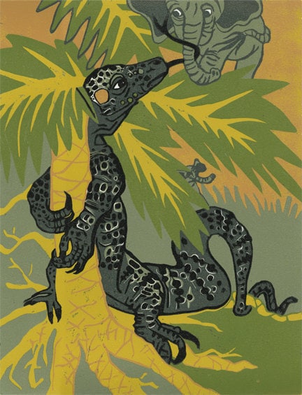 Komodo Dragon and Elephant Woodcut