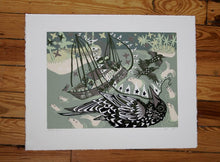 Load image into Gallery viewer, Starling and Ship Woodcut
