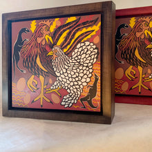 Load image into Gallery viewer, Chicken woodcut framed in black solid tiger maple wood
