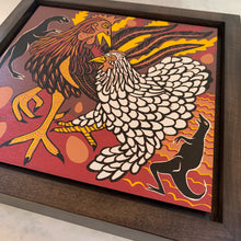 Load image into Gallery viewer, Chicken woodcut framed in black solid tiger maple wood
