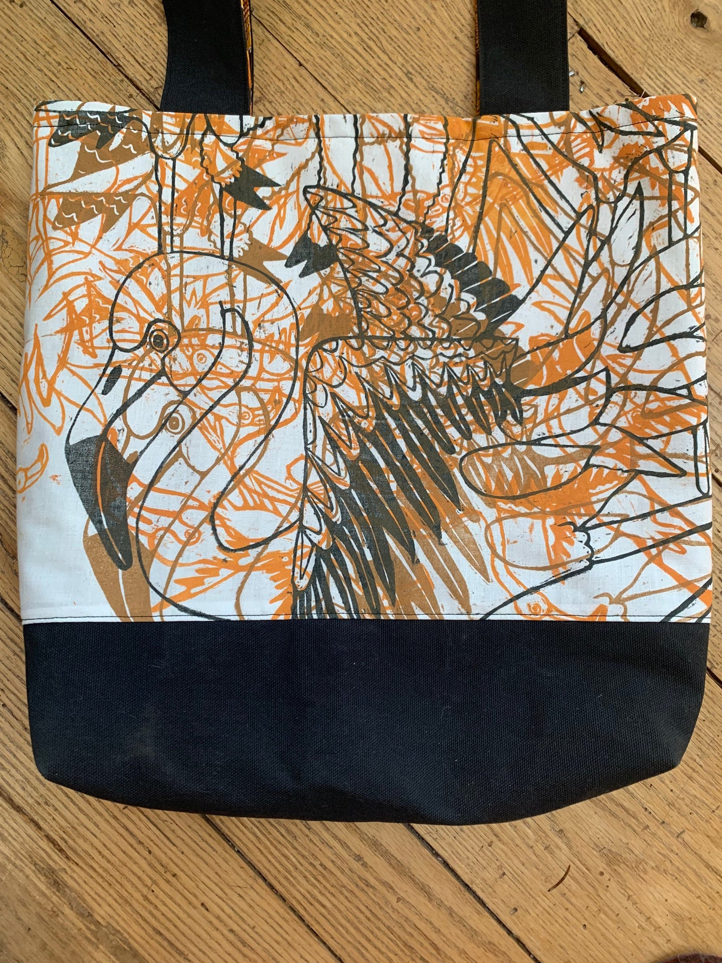Hand printed fabric flamingo bag
