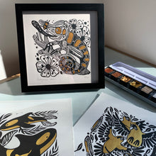 Load image into Gallery viewer, Orca and kelp linocut
