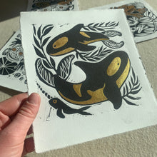 Load image into Gallery viewer, Orca and kelp linocut
