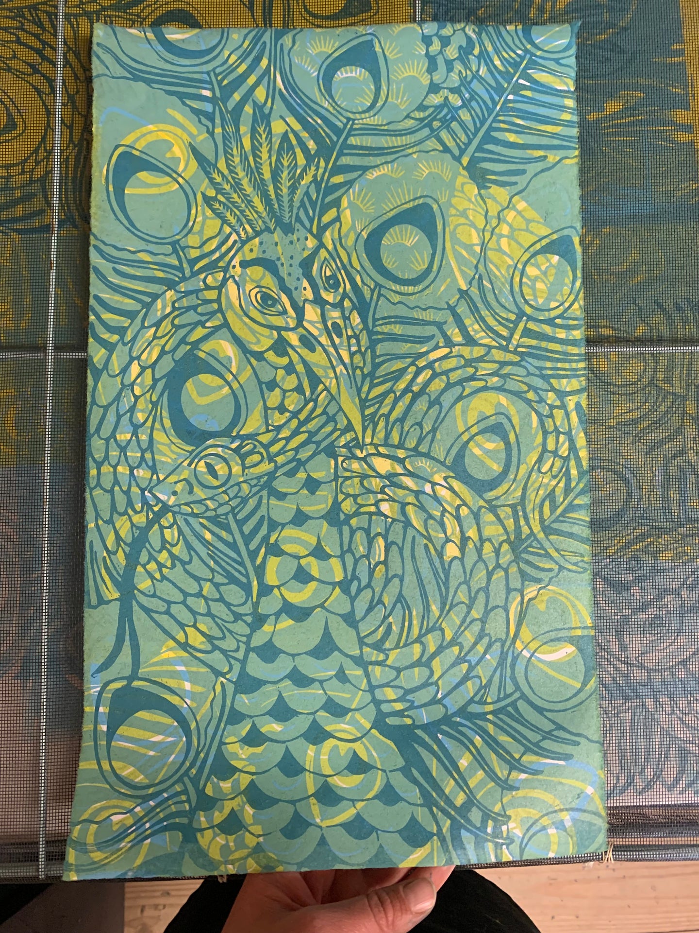 Peacock all over woodcut C