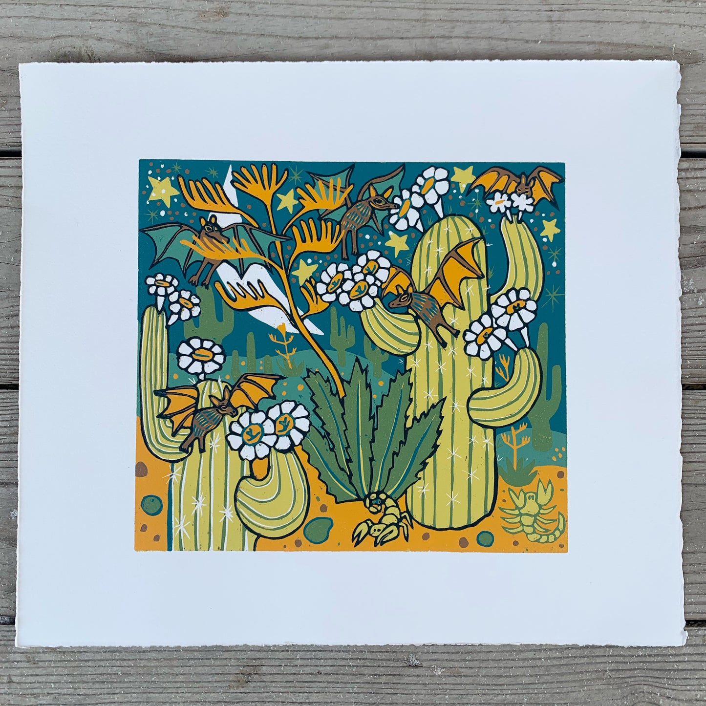 Cactus bat woodcut