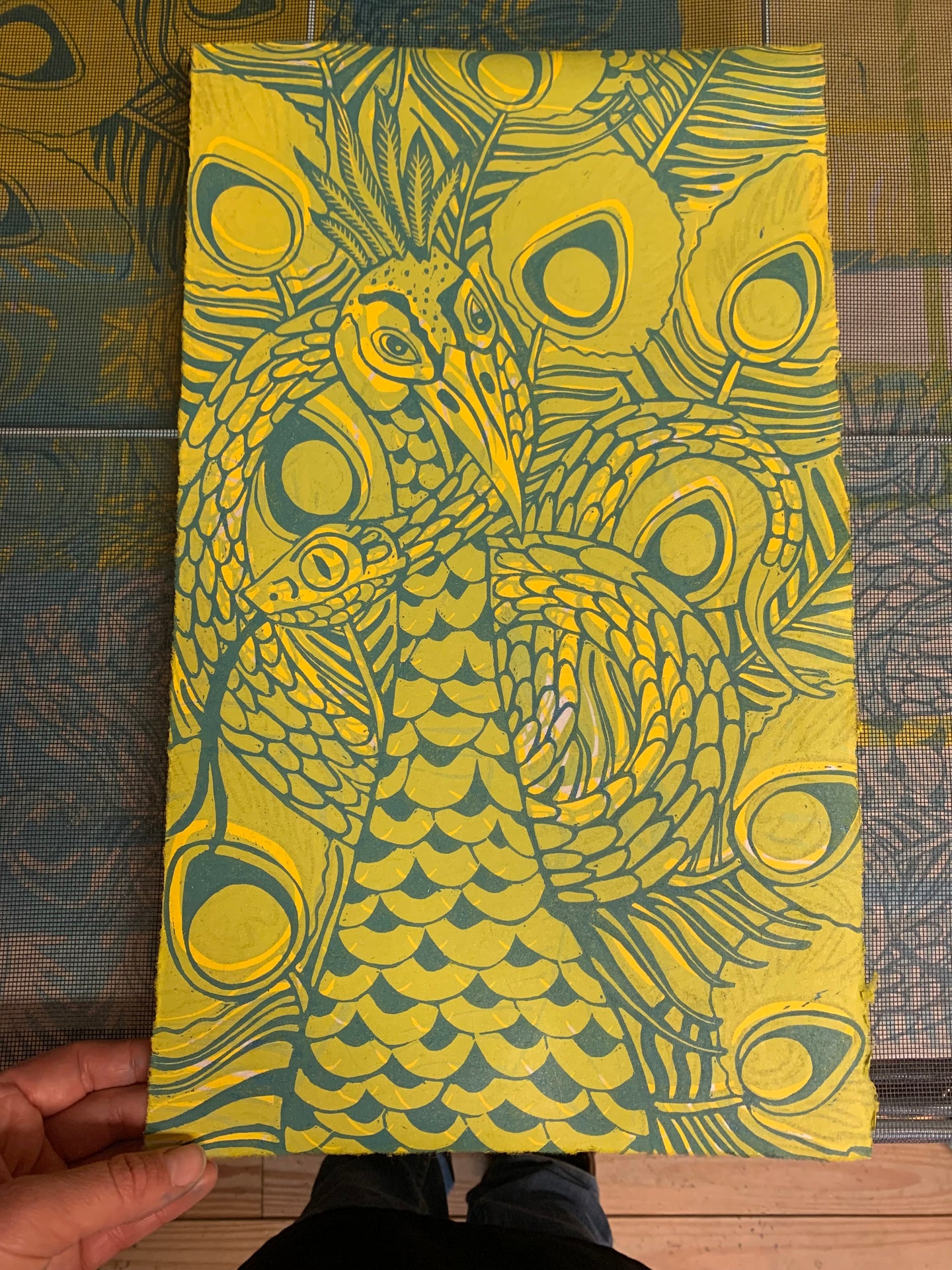 Peacock all over woodcut A