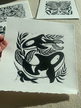 Load image into Gallery viewer, Orca and kelp linocut
