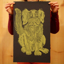 Load image into Gallery viewer, Golden retriever on black paper woodcut
