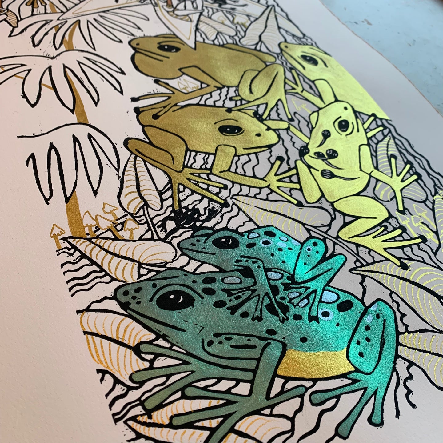 Hand painted Dart frog woodcut