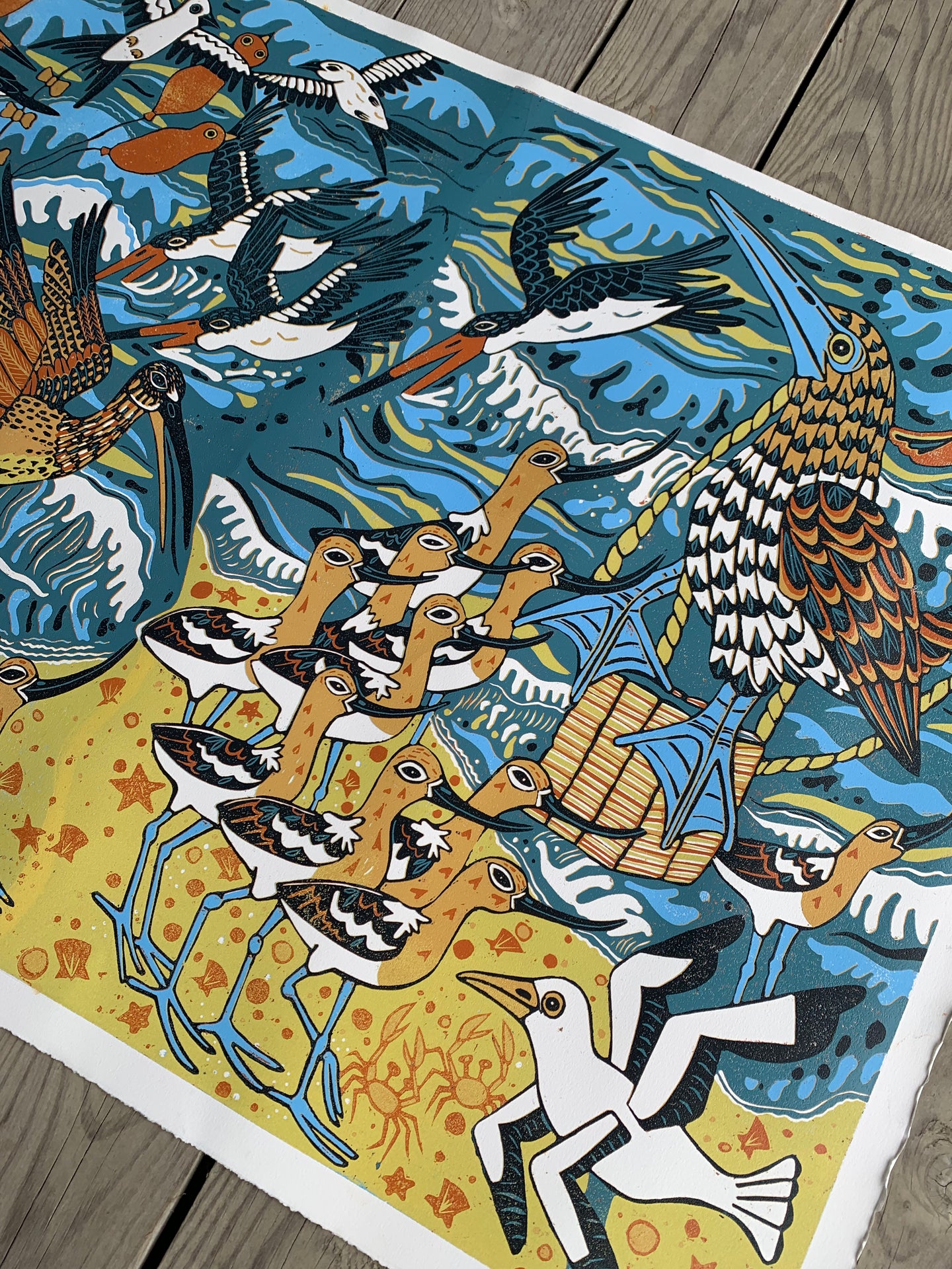 Large bird and beach biomimcry woodcut