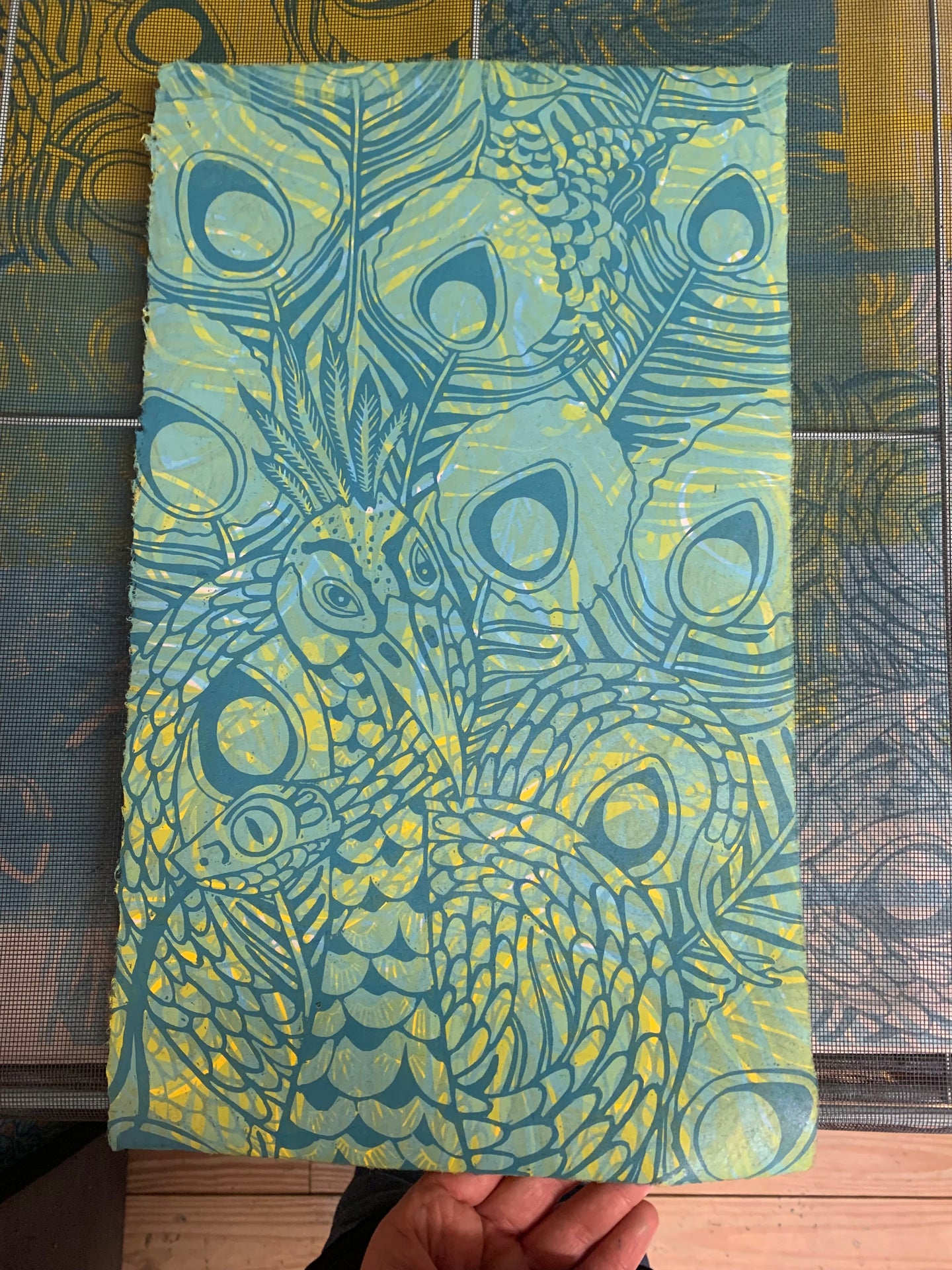 Peacock all over woodcut B